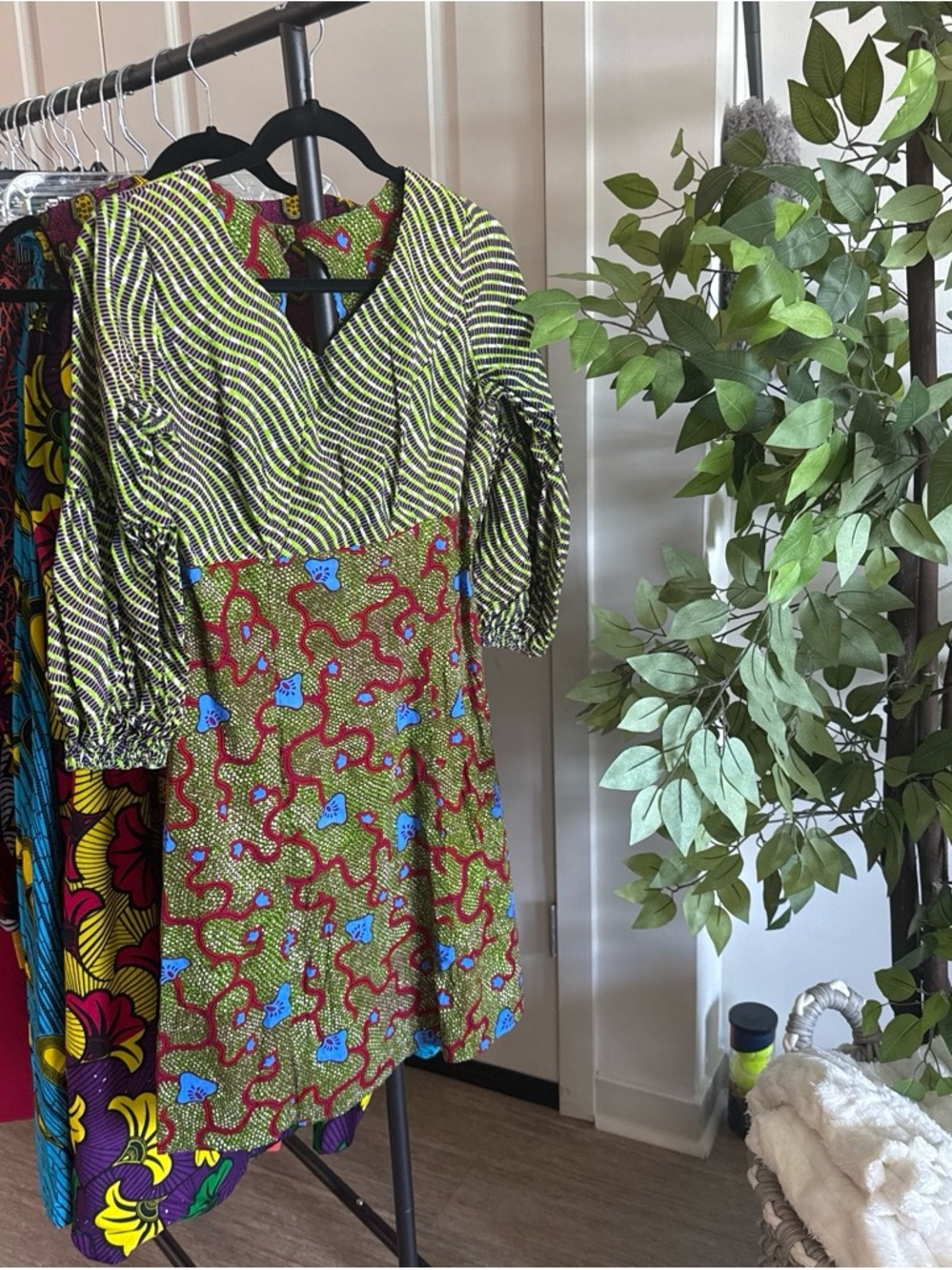 Green Patterned V-Neck Mini Dress with Mixed Print Panels
